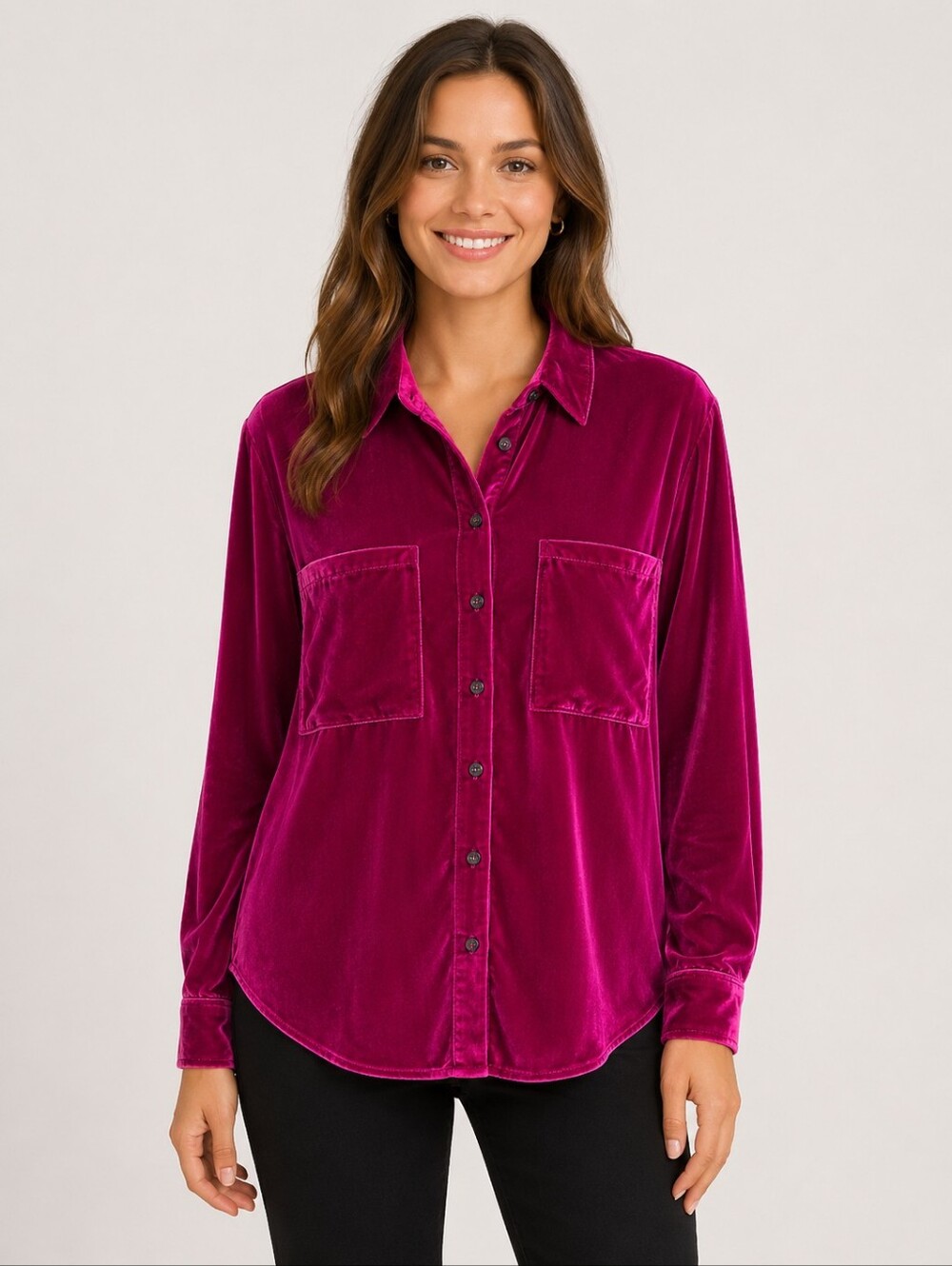 Anthropologie Pilcro Hadley Magenta Velvet Button Down Shirt XL